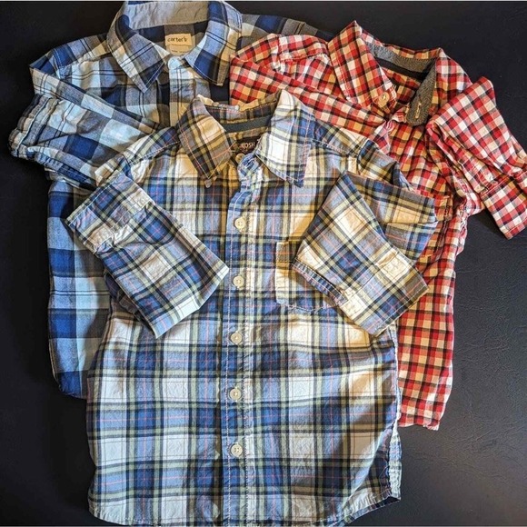 2 Boys Oshkosh & 1 Carters Longsleeve 100% Cotton Dress Shirts Blue White & Red - Picture 2 of 11